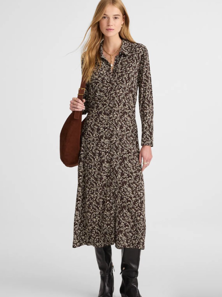 Madewell Nwt Ruched Midi Shirtdress In Bridgette Spots Brown - Size 6